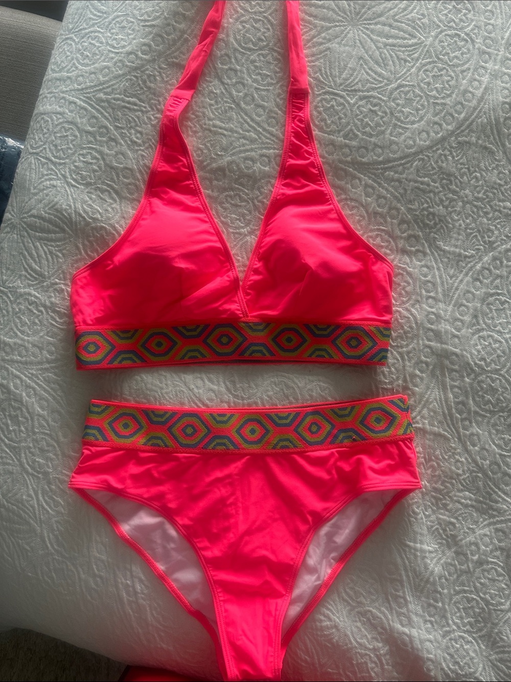 Neon Pink Two-Piece Bikini with Geo Trim
